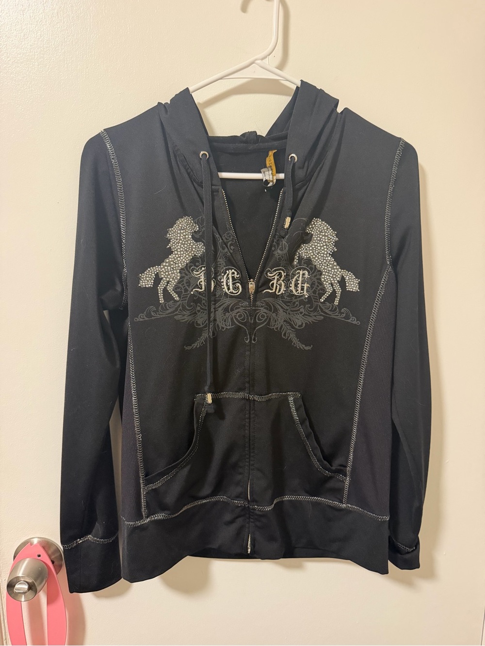 BCBGMaxAzria Black Hooded Zip-Up Jacket with Rhinestone Horse Design